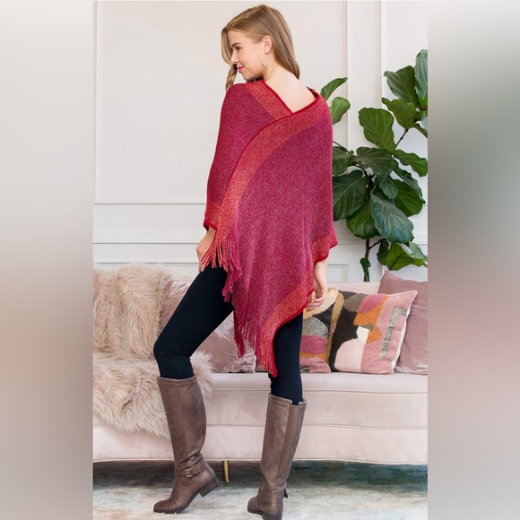WOMENS ULTRA SOFT TWO TONE FRINGE PONCHO-RIAH FASHION ONE SIZE NEW - Picture 3 of 6